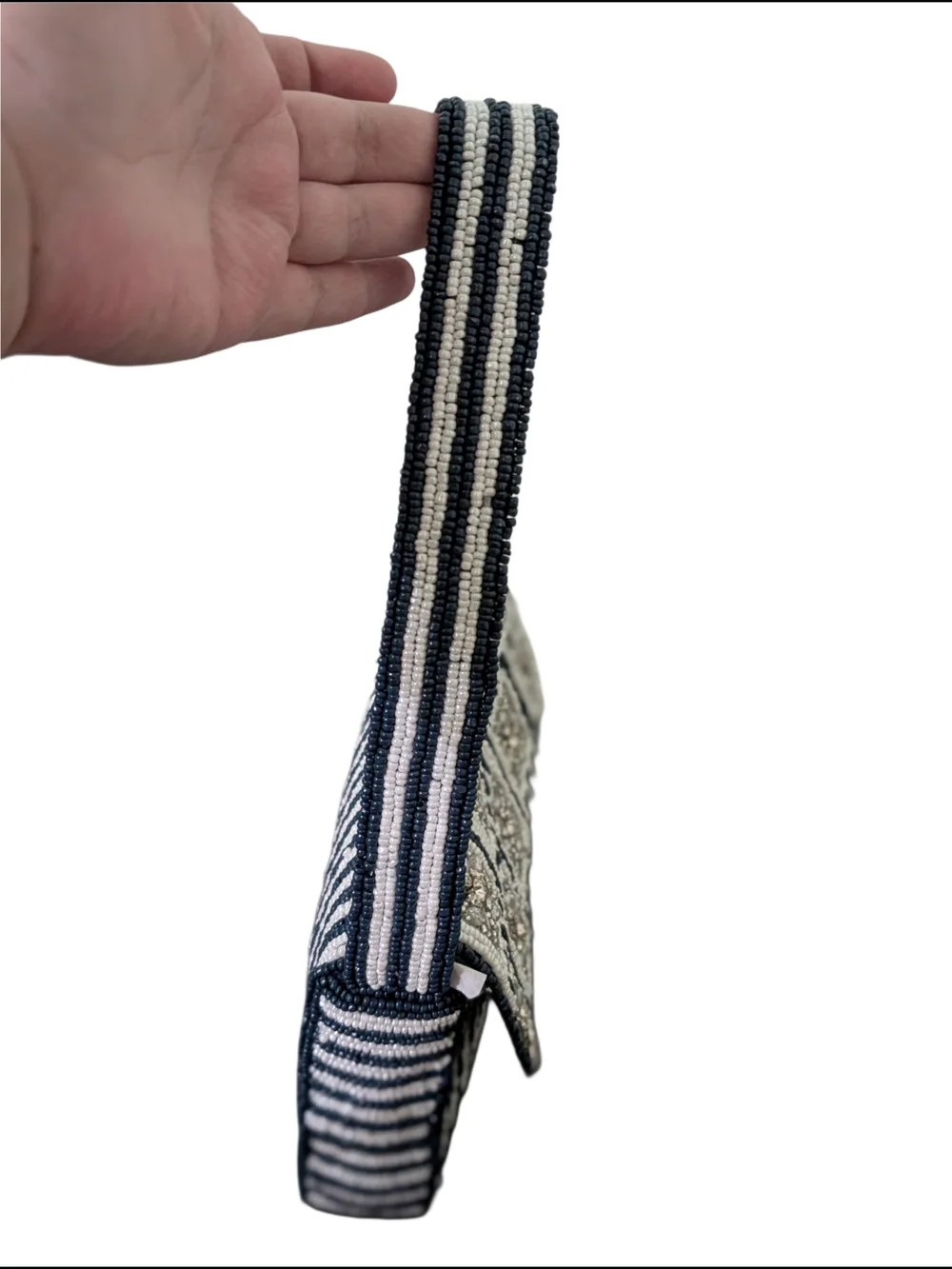 NWT Artisanal Hand Beaded Statement Navy and White Striped Dainty Purse - Picture 3 of 4